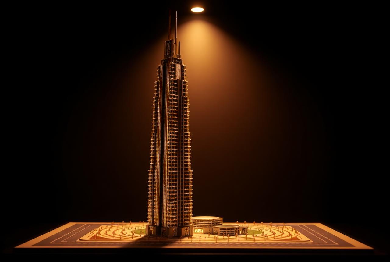 Architectural model of a Dubai off-plan tower under gold light